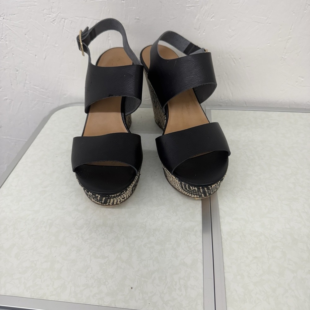 J Crew Woven Wedge Heel Sandal Size 11 Geometric Black Comfort Dressy‎ - Picture 2 of 8